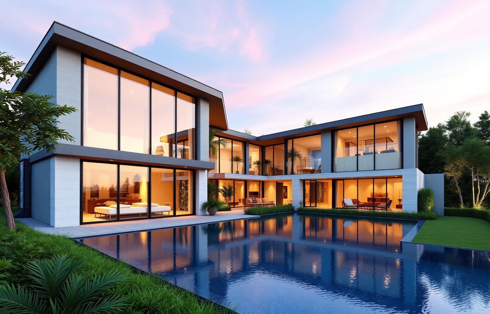 Photorealistic 3D render of a modern luxury villa with infinity pool at golden hour